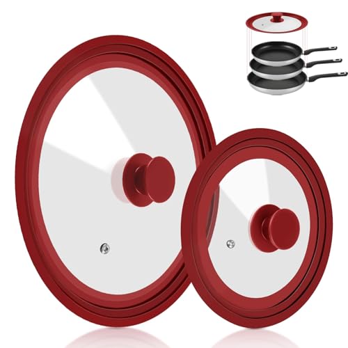 Silicone Universal Lid for Pots Pans and Skillets, 2 Pack Pan Cover fit 7", 8" 9" & 10", 11", 12" Diameter Cookware, Replacement Pan Lid Pot Lids for Frying Pans, Cast Iron,Tempered Glass Lid (Red)