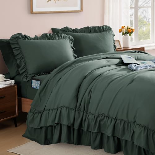 Image of Full Size Comforter Set Forest Green Ruffle 7 Pieces Farmhouse Bed in a Bag | Shabby Chic Fluffy All Season Bedding Sets with Sheets, Pillowcases & Shams