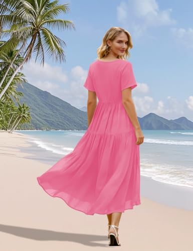 Image of YESNO Women's Summer Maxi Dresses Casual Floral Short Sleeve V Neck Boho Beach Vacation Swing Dress with Pockets EVF