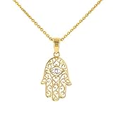 JewelryAmerica Solid 14K Gold Filigree Hamsa Hand of Fatima with Evil Eye Pendant Necklace, 16'