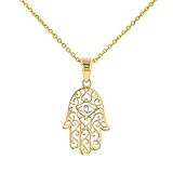 Jewelry America Solid 14K Gold Filigree Hamsa Hand of Fatima with Evil Eye Pendant Necklace, 16'