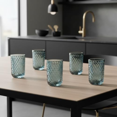 Miniatura 5 de Inde Santa Clara Set 6 Vasos De Cristal Agua 430cc Orbel Azul, Vasos Agua Altos De Vidrio Relieve Azul, Aptos Lavavajillas Y Microondas