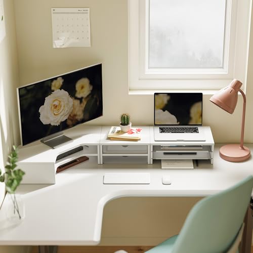 Support moniteur bureau blanc Fenge en L avec tiroirs et plateaux modulables