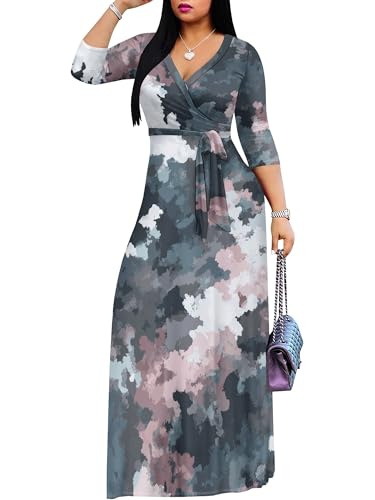 Image of Plus Size Dresses for Women Print Maxi Dresses 3 /4 Sleeve with Belt