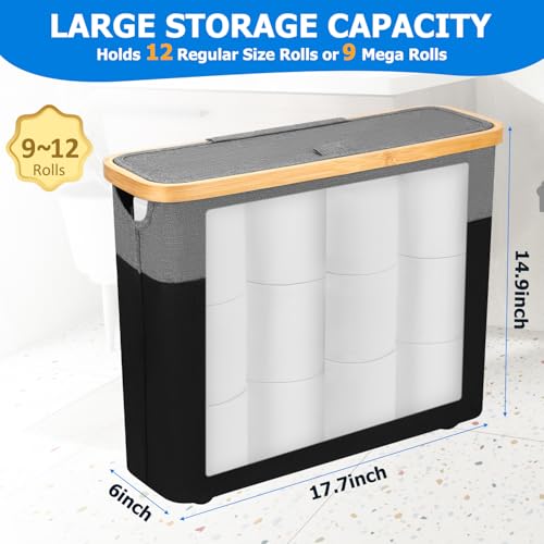 TACGEA Toilet Paper Storage Basket, Toilet Paper Container with Lid, Bathroom Organizer Hold up to 9 Mega Rolls or 12 Regular Rolls, Gray and Black — view 2