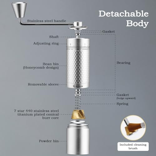 ELMWAY 7-Star Titanium-Coated 440 Steel Burr - Honeycomb Manual Coffee Grinder with Full Metal Construction and Upgraded Handle - Image 7