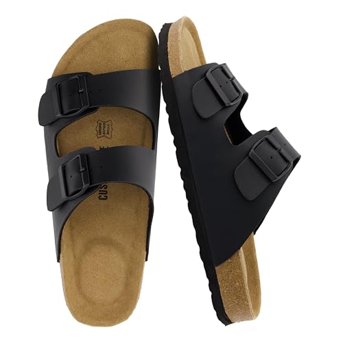 CUSHIONAIRE Lane Cork Footbed Mens Sandals, Adjustable Buckle Comfort Slides for Men, Genuine Leather Insole Summer Sandals Men Footwear, BLACK 9 by CUSHIONAIRE - Used condition - US$28.74