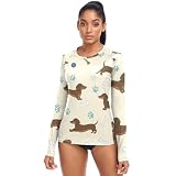 Lindos perros salchicha color crema protector solar camisas mujer manga larga refrescante natación camisetas surf traje de baño parte superior, XL