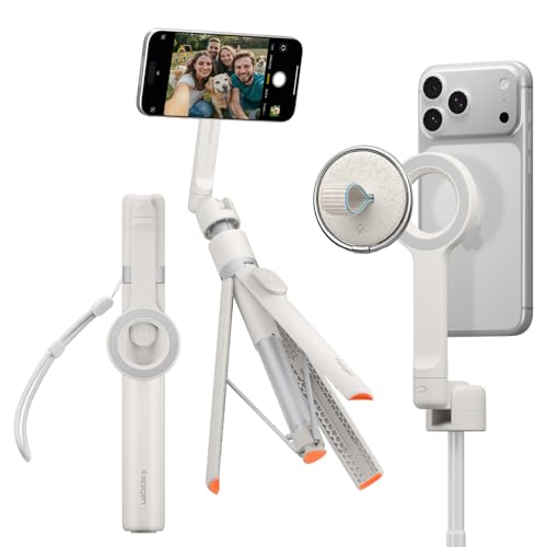 Spigen S582W Palo Selfie Trípode Dual MagSafe 66', Extensible, Cabezal 360°, Control Bluetooth, Soporte Magnético MagFit One-Push, Anillo Metálico - Dune Beige