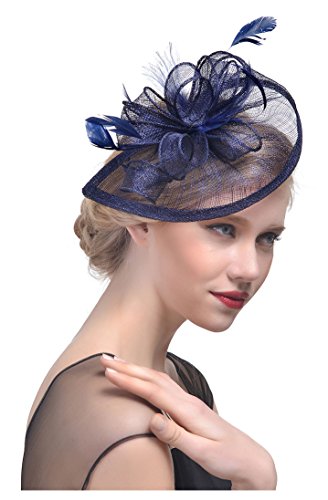 Obosoyo Sinamay Fascinator Hat Feather Mesh Net Veil Cocktail Party Hat Flower Derby Hat for Women Navy