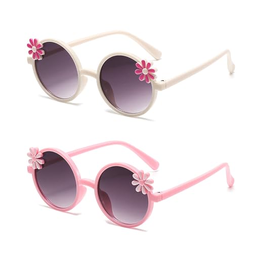 2Packs Round Daisy Flower Sunglasses for Toddler Girls Kid Cute Glasses Uv 400 Protection for Summer Beach Outdoor