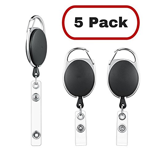 MIFFLIN Retractable Badge Holder Reel with Carabiner Clip (Slate Black, 5 Pack)