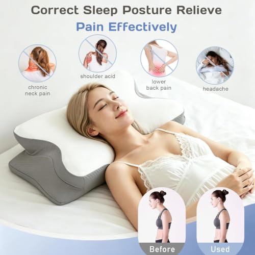 Image of Cervical Neck Pillow for Pain Relief - Ergonomic Memory Foam Pillow for Side Sleeper Contour Orthopedic Bed Pillow for Neck Support with Cooling Cover - Ideal Christmas Birthday Gift for Women Men