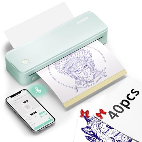 JADENS Tattoo Stencil Printer with 40pcs Transfer Paper, Bluetooth Thermal Tattoo Printer Machine with 2600mAh Battery, Compatible with Android & iOS, PC for Tattoo Artists & Beginners