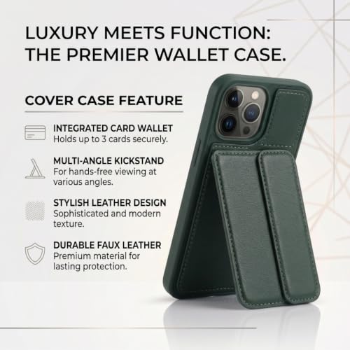 Image of amazon basics Luxury Vegan Leather Back Cover for iPhone 14 Pro | Built-in Card Holder Slot | Integrated Mobile Stand | Slim Shockproof Protective Case with Stitched Finish - Green