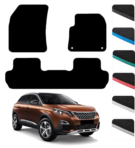 GCM - Car Floor Mats for Peugeot 3008 2016 To 2024 (Also for Hybrid) Full Floor Protection - Anti Slip & Fit Car Mat with Clips Easy to Clean Car Carpet for All-Weather - Black Edging, Carpet