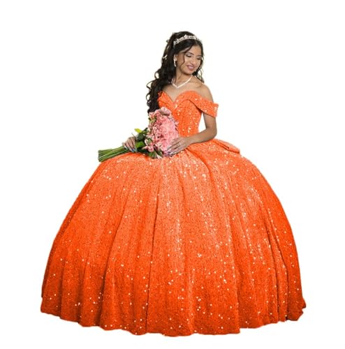 Ftupza Sparkly Sequin Quinceanera Dresses Ball Gown with Bow Off Shoulder Elegant Sweet 15 16 Dresses for Birthday Party