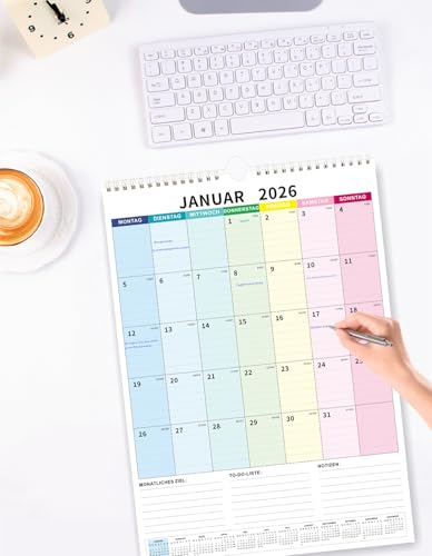 Kalender 2026 Wandkalender groß 43 x 31 cm mit Feiertage und Schulferienübersicht Familienkalender Bunt von Januar 2026 bis Juni 2027, Ideal als Paarkalender oder Familienplaner
