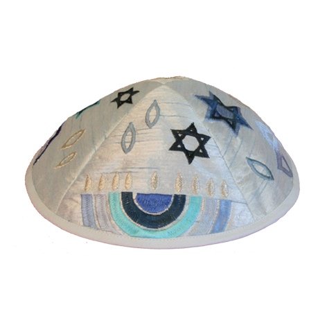 Yair Emanuel Kippah | White Embroidered Blue and Grey Hanukkah Menorah Judaica Jewish Motifs | | YME-5B