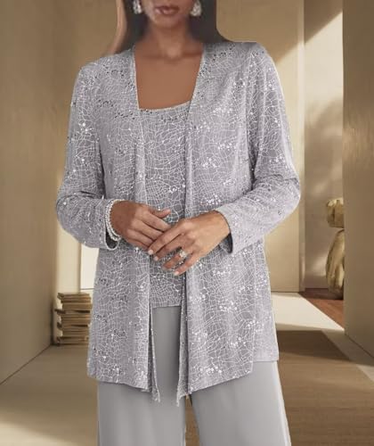 Dressy Pant Suits for Wedding Sparkly Sequin Outfit with Sleeves 3 Pieces Mother of The Bride with Jacket for Women3
