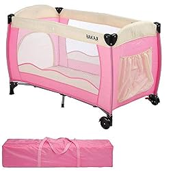 BAKAJI Lettino Culla per Bambini Box Gioco Neonato Struttura in Metallo Pieghevole con Apertura Zip Laterale Tasca Portaoggetti Ruote e Custodia Dimensione 120 x 63 x 76 cm (Rosa)