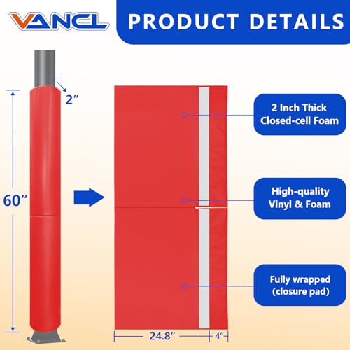 VANCL Basketball Pole Padding – 60" Heavy Duty Safety Pad Full Wrap Around for 3" Round Poles, Waterproof & Durable – Gym, Garage, Playground Protection-Red
