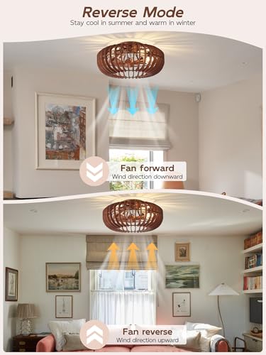 Image of 20 inch Wood Ceiling Fans with Lights Flush Mount, Caged Farmhouse Rustic Ceiling Fan with Light Remote Control, Wooden Low Profile for Bedroom, Living Room, Nursery