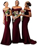 Off Shoulder Mermaid Bridesmaid Dresses Long Satin Burgundy Prom Dress 2022 Formal Evening Gowns Size 16