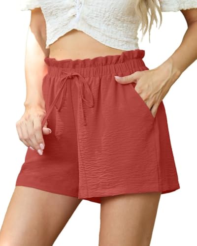 PrinStory Women's Summer Lightweight Elastic Waist Drawstring Shorts with Pockets for Holiday Beach