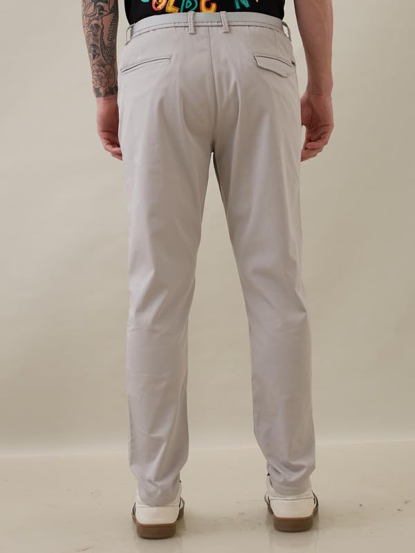 Image of Nostrum Men's Smart-Casual Tapered Trousers for Men, Charcoal, Cotton Corduroy, Mid Rise, Regular Slim Fit with Adjustable Belt, Side and Back Pockets, Casual Wea