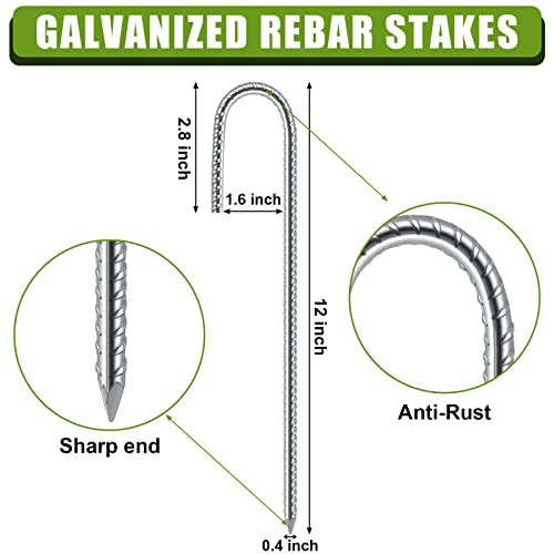 24 Pack 12 Inch Rebar Stakes Heavy Duty J Hook Metal Garden Stakes Galvanized Steel Ground Anchors Chain Link Fence Stakes Anti Rust Rebar Spikes for Tent Landscape Yard Lawn Outdoor Decorations - Thumbnail 2