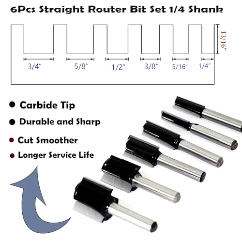 Sicwood SWST040601US 6Pcs Straight Router Bit Set 1/4 Shank, Double Flute Straight Bit Dado Straight Cut Router Bit, Cut Dia 3/4", 5/8", 1/2", 3/8", 5/16", 1/4", Straight Router Bit For Woodworking Groove thumb #2