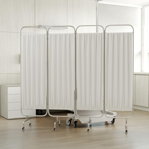 ybaymy Medical Privacy Screen, 4 Folding Room Divider Curtains on Wheels 200x180 cm Screen Divider Stainless Steel Privacy Screens White Curtains, for Hospitals,Nursing Homes,Temporary Medical Station