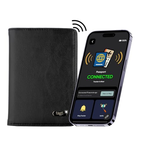 tag8 DOLPHIN Étui de passeport intelligent en cuir véritable avec tracker BLE et technologie de blocage RFID, compatible Android et iOS, portefeuille pour passeport et étui pour cartes et espèces,