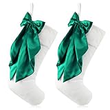 Seematn 2 Pcs 20 Inch Velvet Christmas Stocking Large Bow Christmas Stockings with Double-Layer Silk Bow Luxury Xmas Hanging Socks Decoration for Tree Fireplace Mantel Holiday Party Decor(Dark Green)