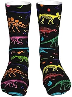 883 Compression Socks Black And White Dinosaur Skeleton Pattern Athletic Socks Non Slip Sports Socks Comfort Crew Socks For Jogging Walking Trekking 40cm