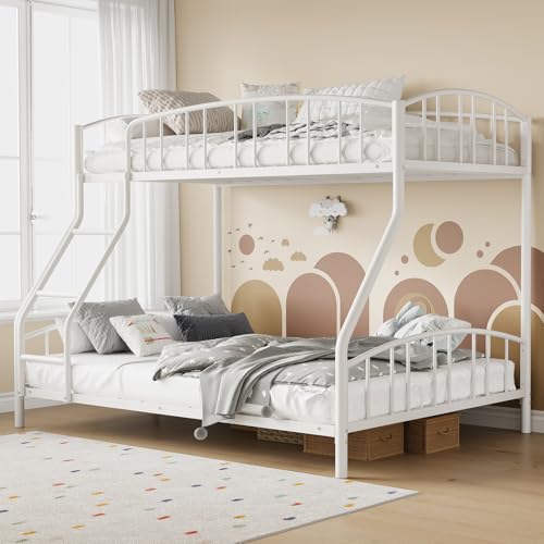 Garvee Bunk Bed Twin Over Full with Ladder and Arched Guardrail, Heavy Duty Bunkbeds Frame with Sturdy Steel Slats Support for Kids Boys Girls, Space-