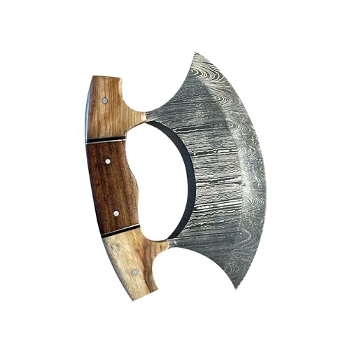 H-RAF Couteau Ulu Artisanal avec Lame en Acier Damas, Manche en Bois et Insert Bleu (Marron Ulu-1)