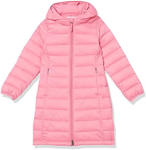 Amazon Essentials Girls' Long Lightweight Hooded Puffer Jacket, Bright Pink, Medium