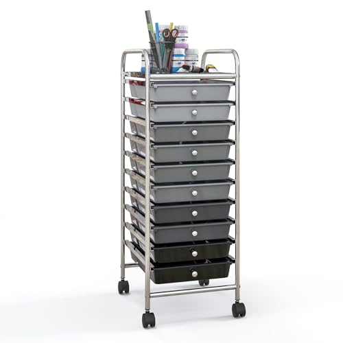 Image of GiantexUK 10 Drawers Rolling Trolley, Multipurpose Utility Storage Organizer Cart with Wheels, Home Office Hairdressing Salon Shelving Organizer Unit (Gradient Black)