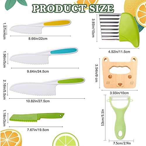 7Pcs Kids Plastic Kitchen Knife Set, Wooden Safety Knives for Children, Children's Cooking Knives in 4 Sizes,Fruit Vegetable Knives with Serrated Cutting Edges for Fruit Salad Cake (Style A)