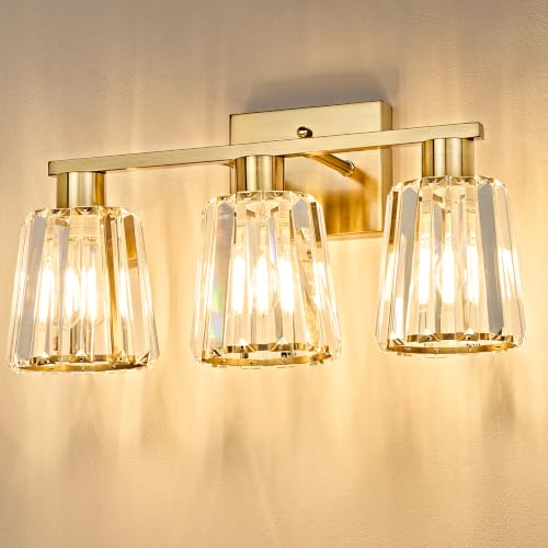 OKELI 3-Light Bathroom Vanity Light, Gold Crystal Over Mirror Fixtures