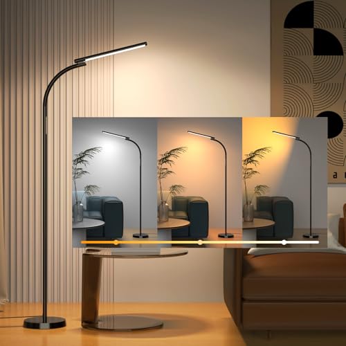 Lanmonlily Modern LED Floor Lamp 10W Dimmable with Remote Control, Black Gooseneck Design, 360° Rotation, Suitable as a Floor Lamp with Timer for Living Room and Bedroom