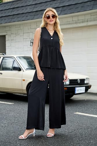 Pant Suits for Women Dressy 2 Piece Sets Summer Business Casual Outfits Sleeveless Vest and Wide Leg Pants3