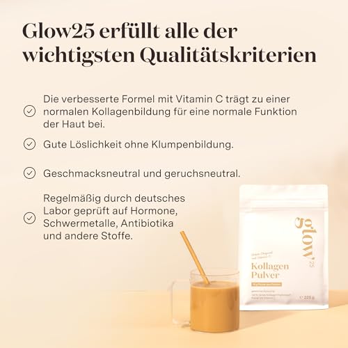 Glow25® Collagen Pulver [225g] – Unser Original – Kollagen Hydrolysat mit Vitamin C – Peptide Typ 1 und 3 – Gute Löslichkeit – Neutral