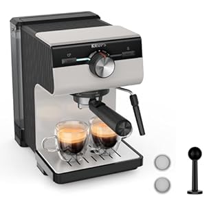 KRUPS Machine espresso manuelle, Qualité Barista, Espresso et Cappuccinos, Buse vapeur, Rangement des filtres inclus, Gris clair, Authentic, XP381B10