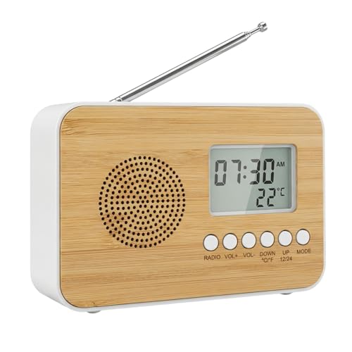 MIJOMA Digitaler Radio-Wecker mit Holzfront – FM-Radio, Alarm, Thermometer & LCD-Display – Batteriebetriebener Wecker mit Naturdesign (Weiß)