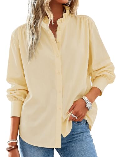 Image of Cicy Bell Womens Oversized Button Down Shirts Casual Dressy Long Sleeve Ruffle Stand Collar Tops Side Split Work Blouse, Light Khaki, XXL