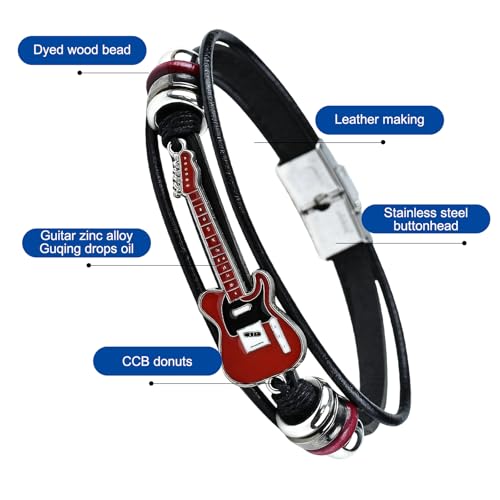 ROJEMXVE Guitar Leather Bracelet for Men Women, Unique Braided Handmade Cuff Rock Multilayer Cords Wrap with Metal Clasp, Musical Jewelry Gift Red