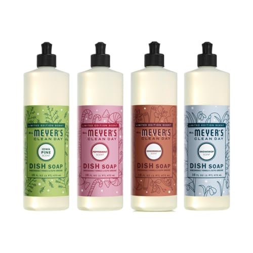 Mrs. MEYER'S CLEAN DAY Dish Soap 4 Pack Variety Pack, Iowa Pine, Peppermint, Snow Drop, Gingerbread, 16 Fl Oz Each, 1 CT